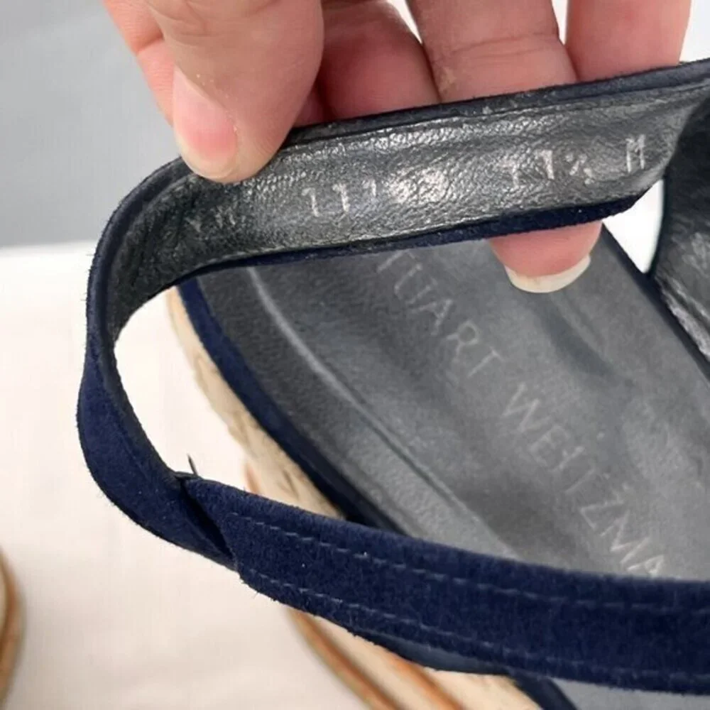 Stuart Weitzman Wedge Heeled Sandals Suede Navy Blue/Ivory 11.5 Ankle Strap Open